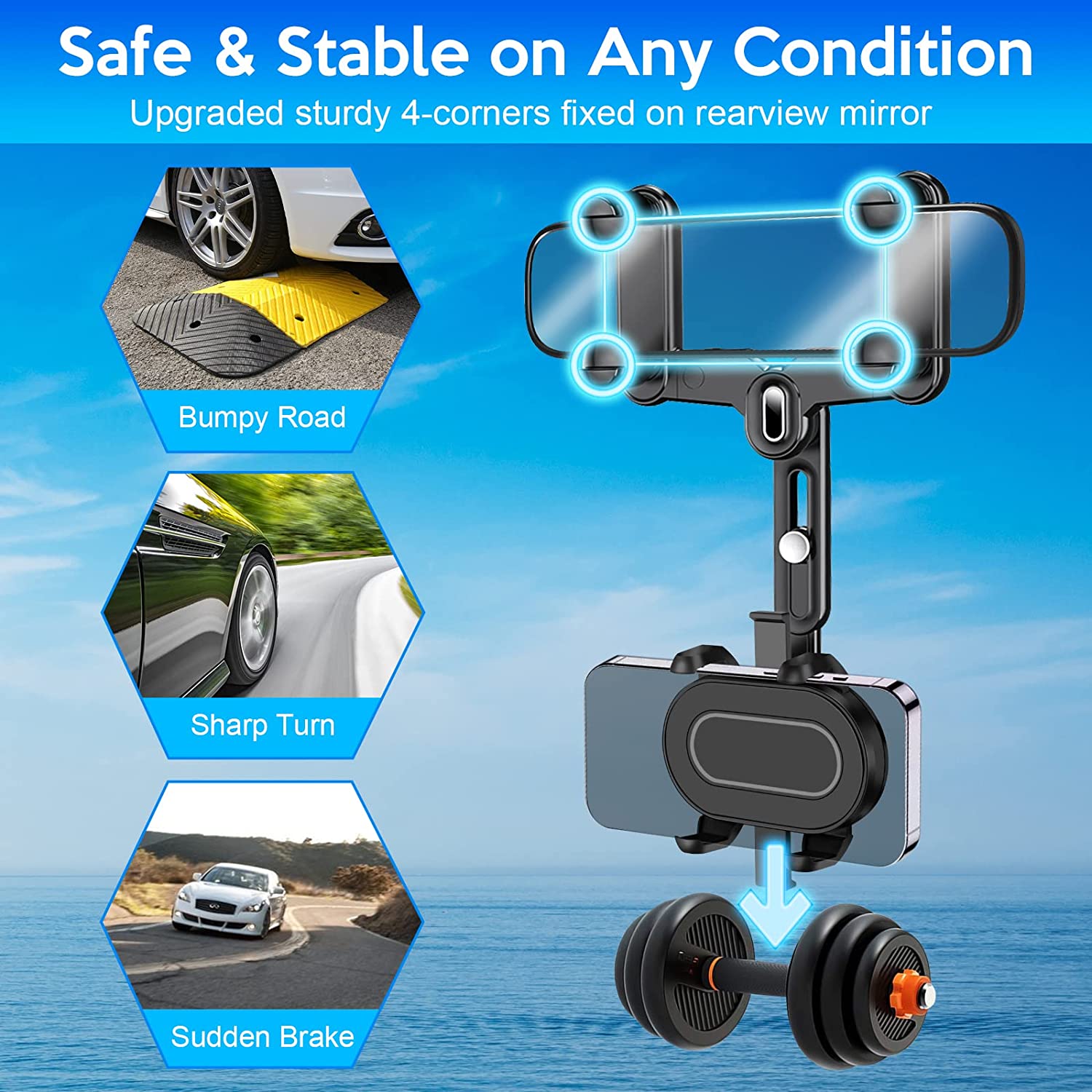 Rearview Mirror Phone Holder for Car, Rotatable and Retractable Car Phone Holder Mount Multifunctional 360° Car Rear View Mirror Phone Holder Pro Clip Car Mirror Phone Mount for Mobile Phone Black
