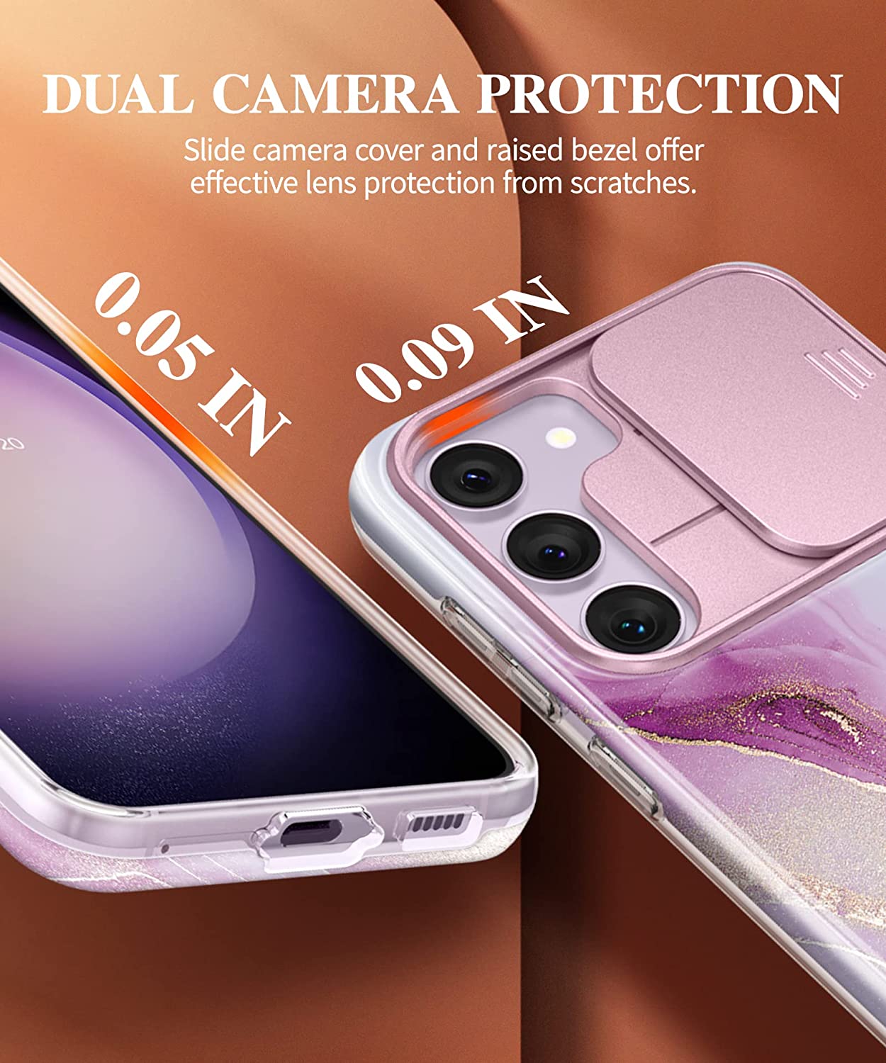 GVIEWIN Case Compatible with Samsung Galaxy S23 Plus with Slide Camera Cover + Screen Protector, [10FT Military Shockproof] Marble Slim Protective Phone Case, 5G 6.6-Inch 2026 (Dreamland River/Purple)