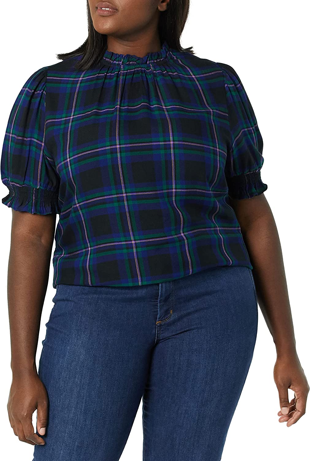  Essentials Women's Fluid Twill Short Puff Sleeve Smock Detail Shirt