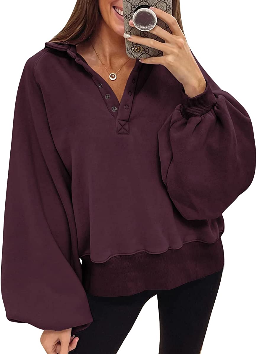 Trendy Queen Womens Sweatshirt Fall Clothes Lantern Sleeve Drop Shoulder Pullover Hoodies Button Fashion Y2K Outfits