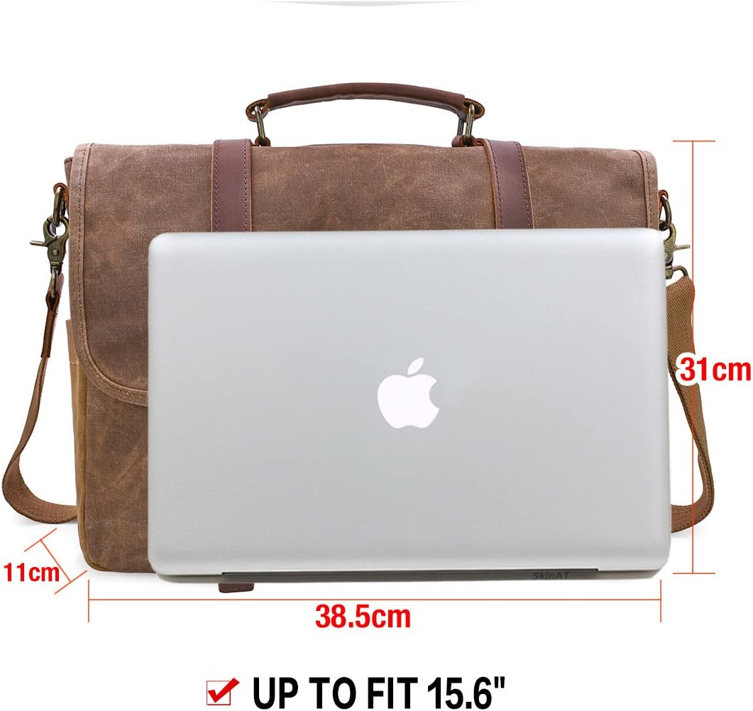 Mens Messenger Bag 15.6 Inch Waterproof Vintage Genuine Leather Waxed Canvas Briefcase Large Leather Computer Laptop Bag Rugged Satchel Shoulder Bag， Brown
