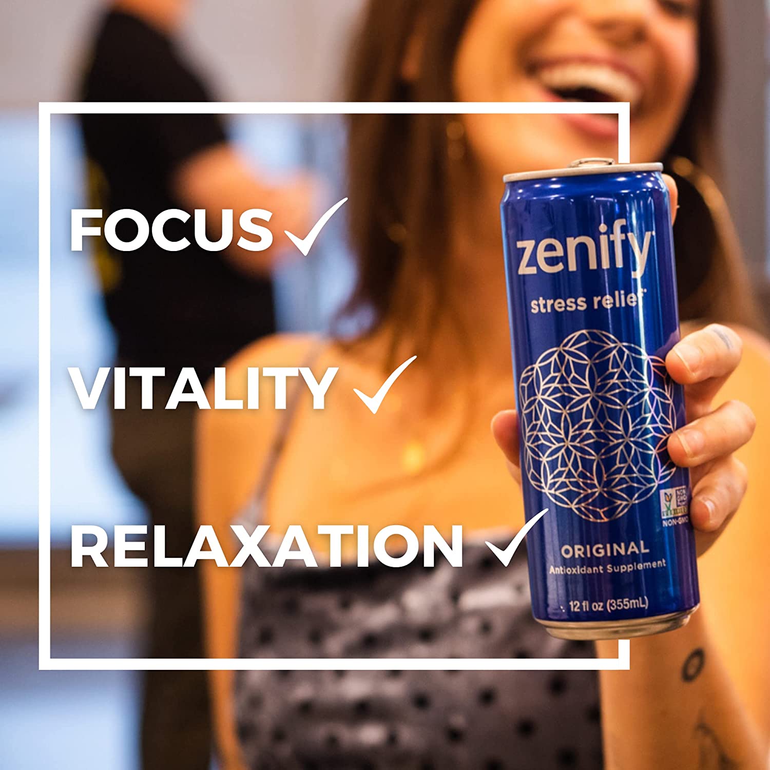 Zenify Original All Natural Sparkling Calming Stress Relief Beverage， Formula with L-Theanine， GABA， Vitamin B6， and Glycine， Non-GMO， Gluten-Free， Vegan， 12 Fl Oz， Pack of 12， (2010056)