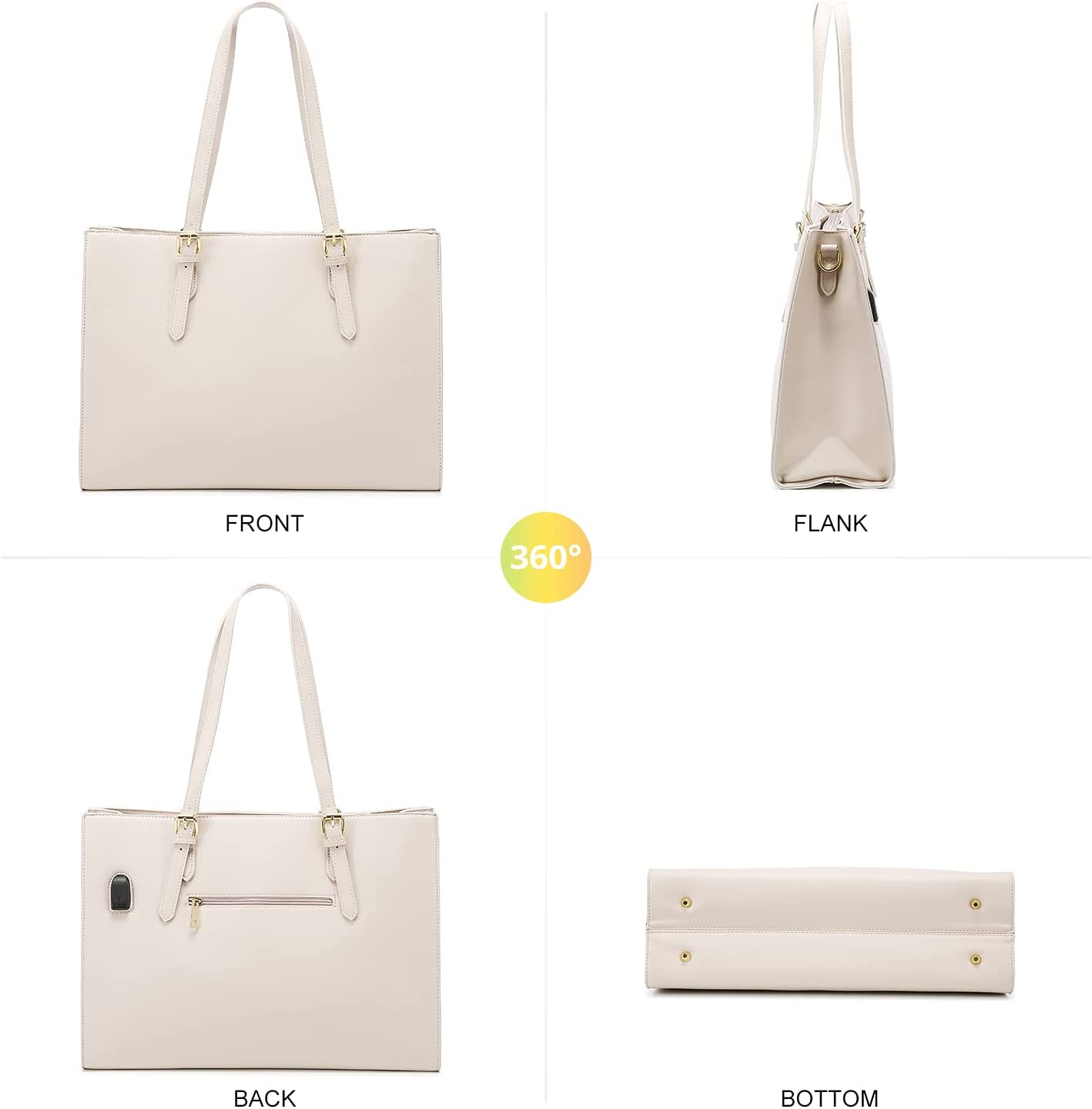 LOVEVOOK Laptop Bag for Women， Fashion Computer Tote Bag Large Capacity Handbag， Leather Shoulder Bag Purse Set， Professional Business Work Briefcase for Office Lady， 2PCs， 15.6-Inch， Beige White