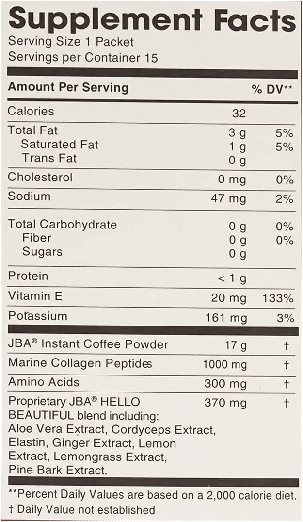 JBA Hello Beautiful Zero Sugar Caffe Latte, Women’s Collagen, Coffee & Supplement Blend for Luminous Skin, 15 Packets