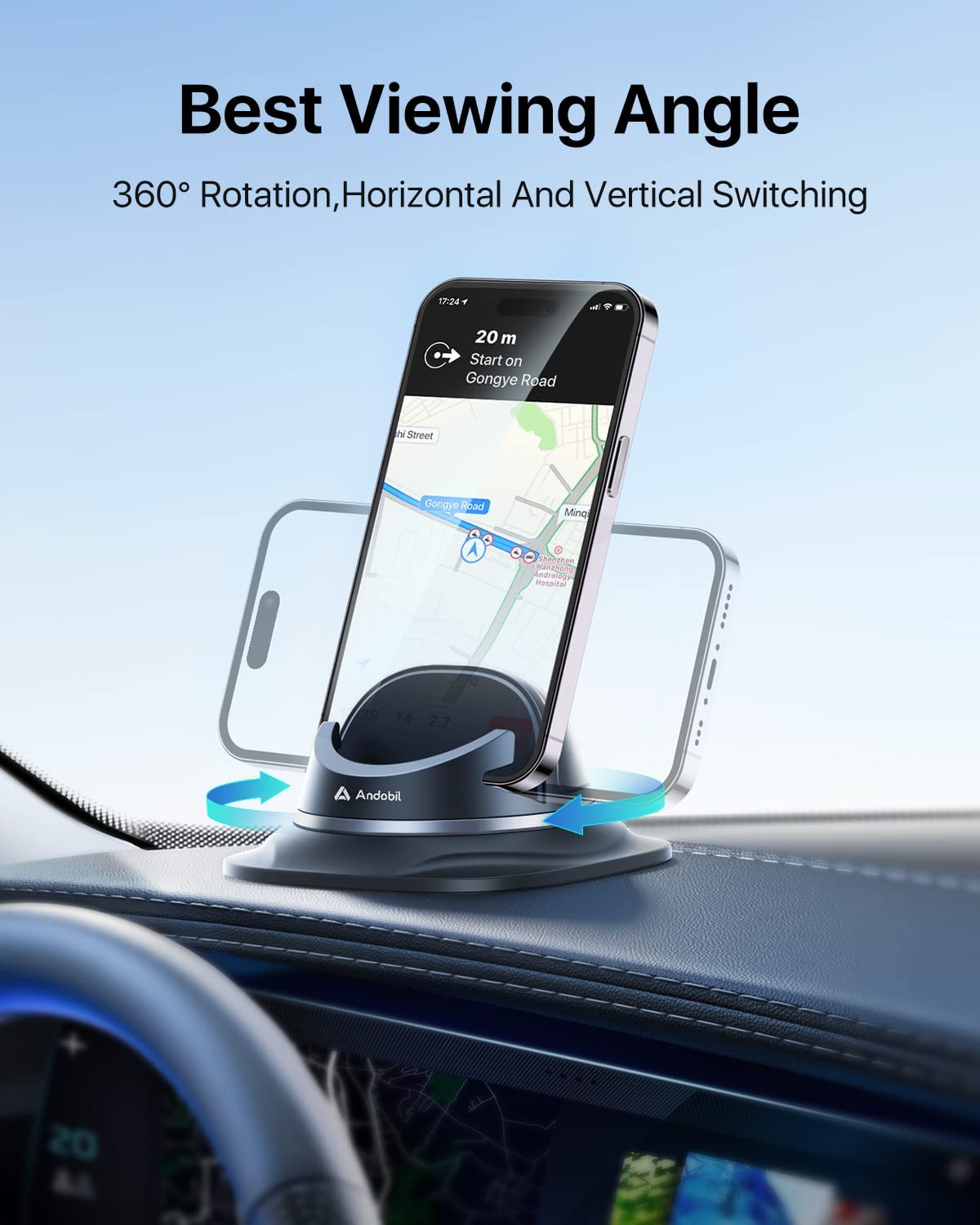 andobil 2026 Upgraded Dashboard Phone Holder Car， [ Ultra Steady，Never Slip ] Reusable Silicone Phone Mount for Car， 360°Rotatable，Compatible for iPhone， Samsung， Smartphone， GPS
