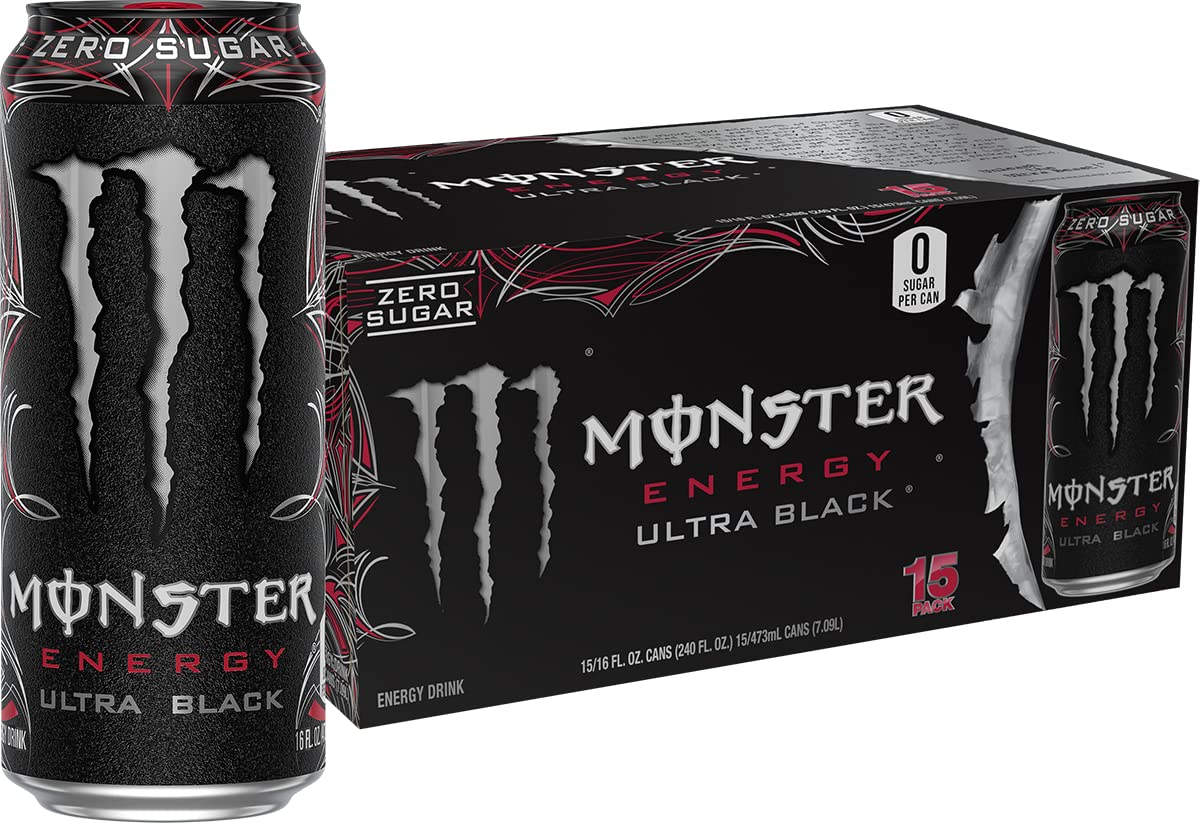 Monster Energy Ultra Black, Sugar Free Energy Drink, 16 Ounce (Pack of 24)