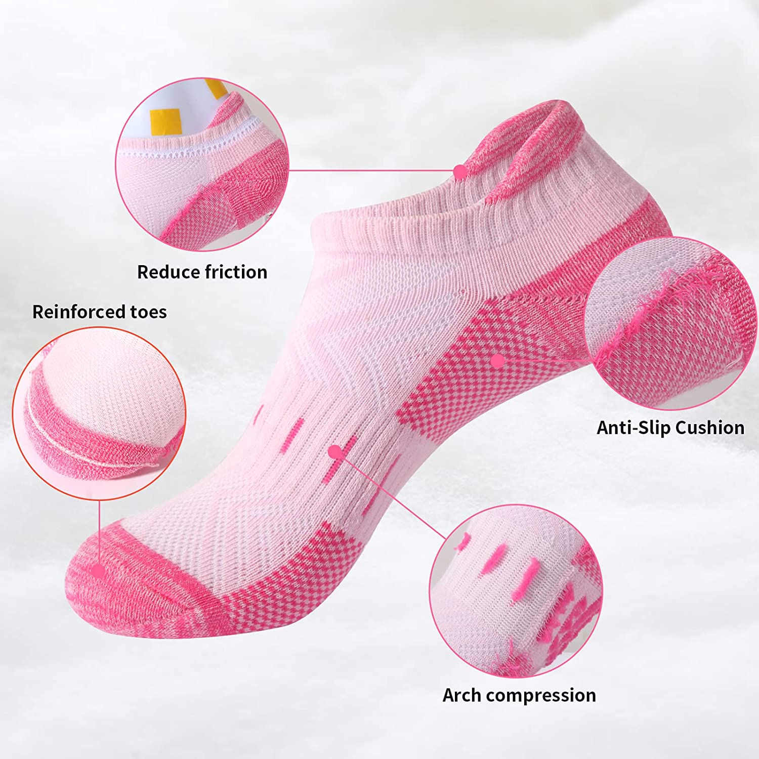 YOJOOM Ankle Socks for Women Athletic Running No Show Socks Cushioned Low Cut Hiking Sports Womens Sock 6 Pairs