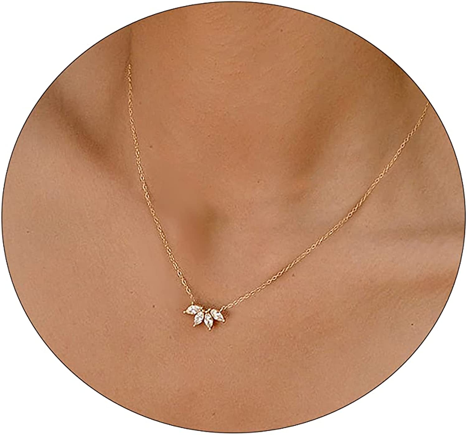 LEXODY Diamond Necklaces for Women Dainty Leaf Necklace 14k Gold Plated Layered CZ Moon Necklace Simple Diamond Choker Necklaces for Women Trendy Jewelry Gifts for Girls