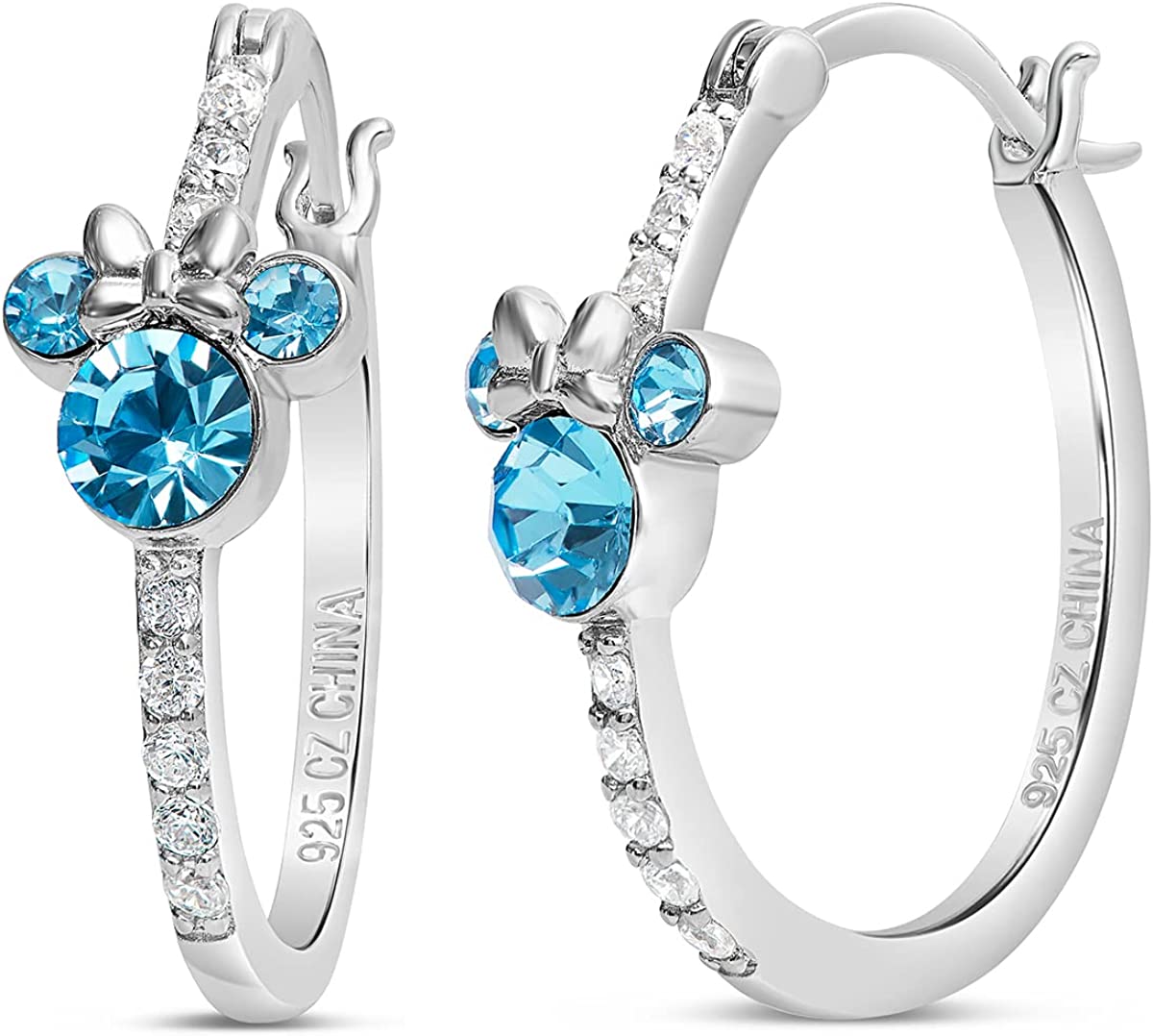 Disney Jewelry for Women Mickey Mouse or Minnie Mouse Birthstone Cubic Zirconia Hoop Earrings, Sterling Silver