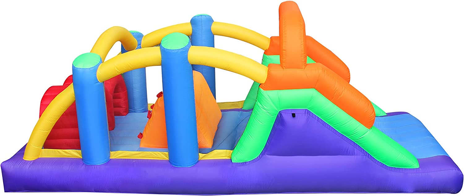 BESTPARTY Inflatable Obstacle Course Bounce House Castle with Large Slides Bounce Area and Obstacles Inflatable Bouncer House Jumper with Blower