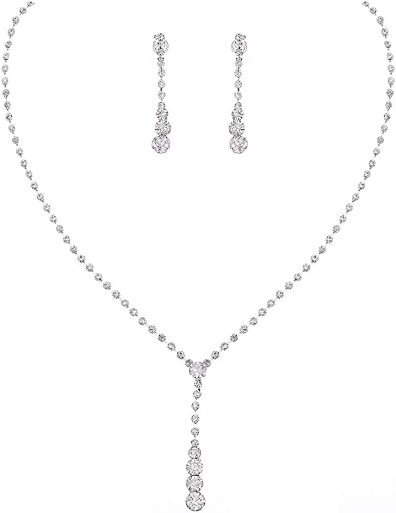 Unicra Bride Silver Bridal Necklace Earrings Set Crystal Wedding Jewelry Set Rhinestone Choker Necklace for Women and Girls (3 piece set - 2 earrings and 1 necklace)