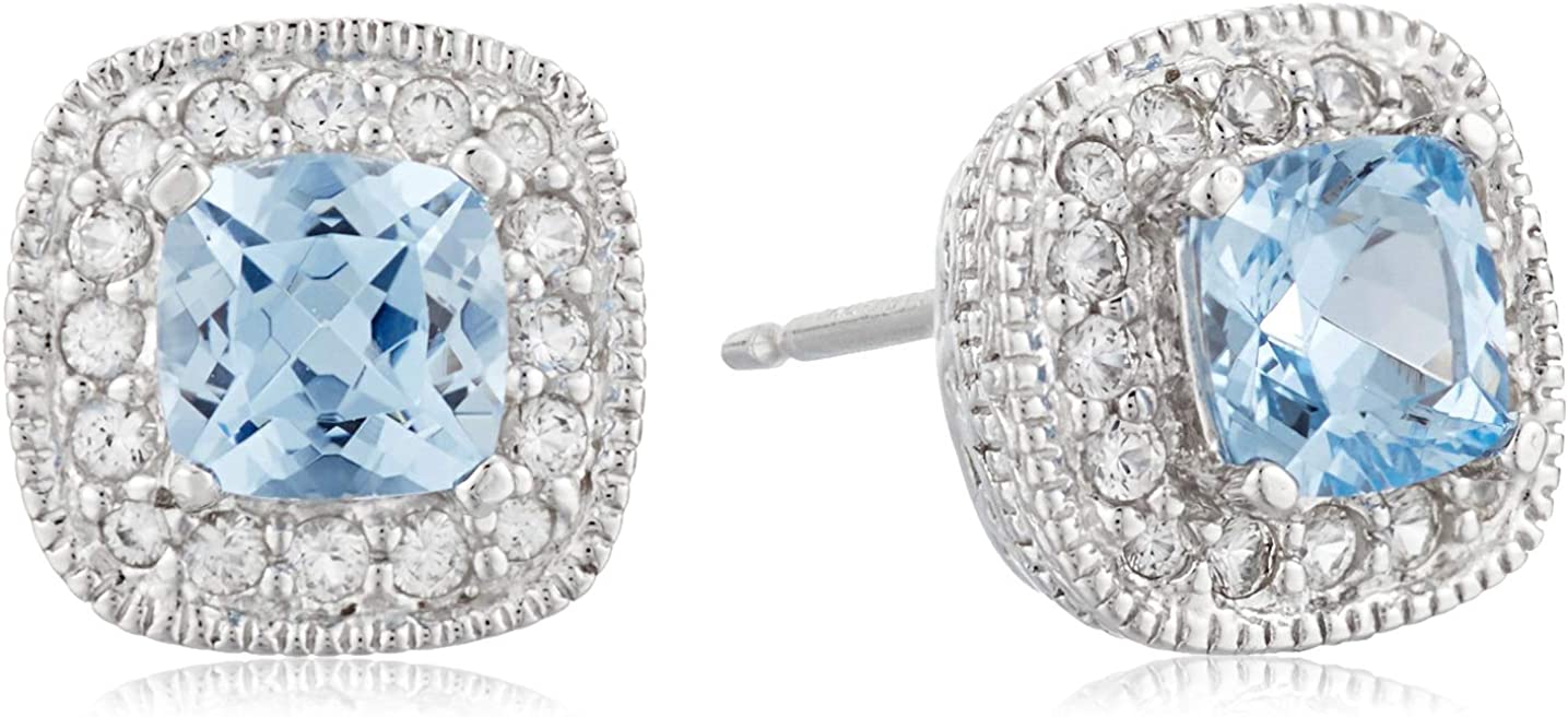  Collection Sterling Silver Cushion Cut Birthstone and Created White Sapphire Halo Stud Earrings