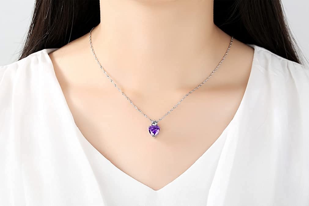 Jeolory 925 Silver Plated Shiny Fashion Cute Crystal Rhinestone Love Heart Pendent Necklace Stud Earrings Jewelry Set for Women Lady Girl (Light Purple)