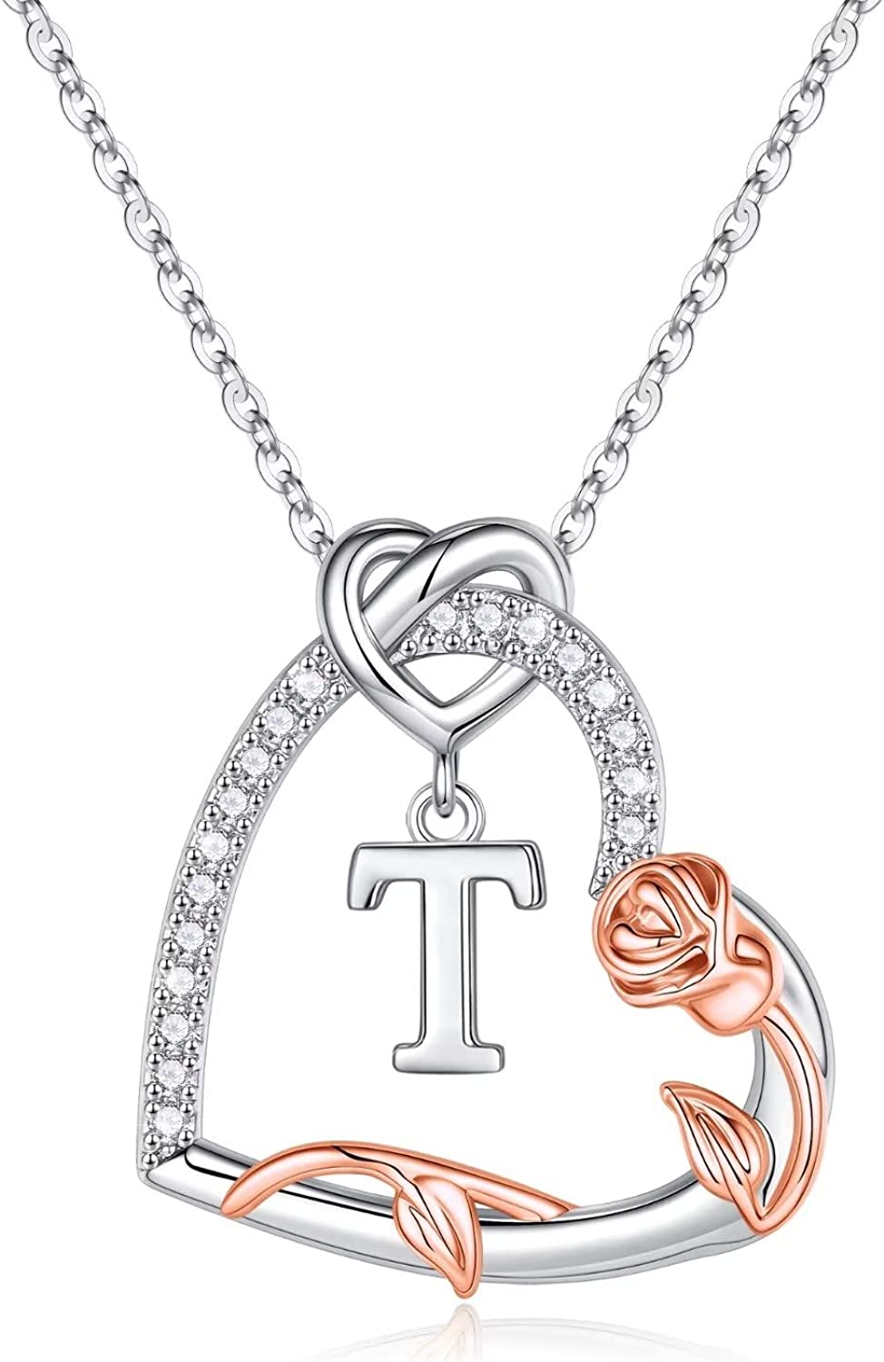Rose Heart Initial Necklaces Gifts for Women Teen Girls, Love Heart Initial Letter Pendant Necklace Jewelry Mothers Day Valentines Christmas Birthday Gifts for Her Girlfriend Wife Mom Daughter